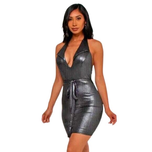 Metallic Mini Dress & Belt in Silvery Black Halter Neck Bodycon - Picture 2 of 4